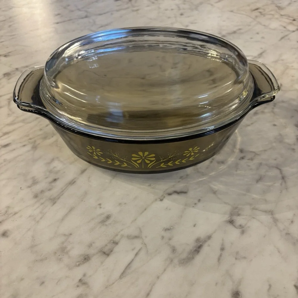 Vintage Glasbake Oval Amber Casserole Dish W Lid Yellow Daisy Flowers‎